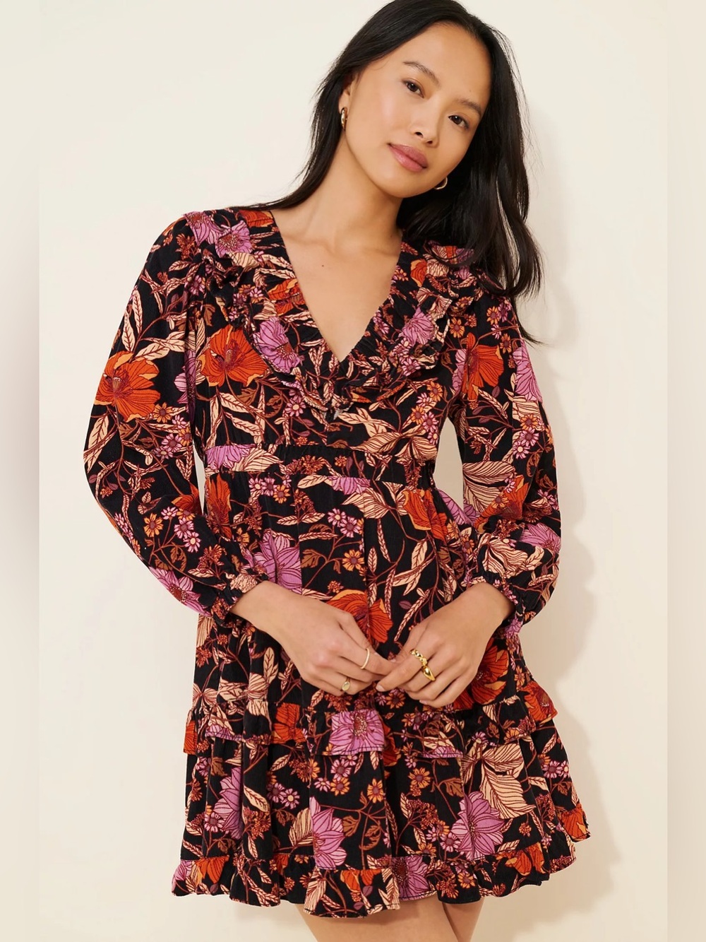 Anthropologie Pilcro Tiered Corduroy Dress long sleeve mini floral ruffle fall